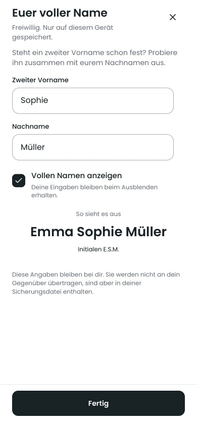 Vorname, Zweitname und Nachname in HeyName