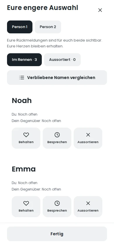 Gemeinsame engere Namensauswahl in HeyName